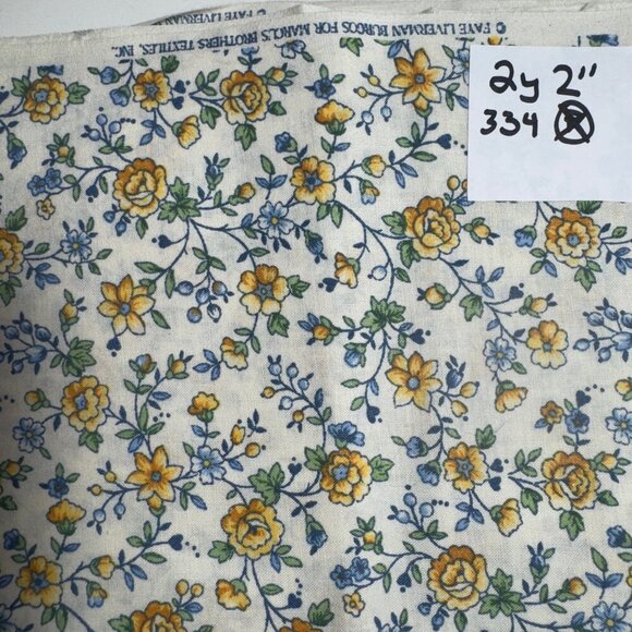 2 yards Yellow and Blue Calico Floral Vintage Cotton Fabric Quilting #334 - Picture 2 of 2